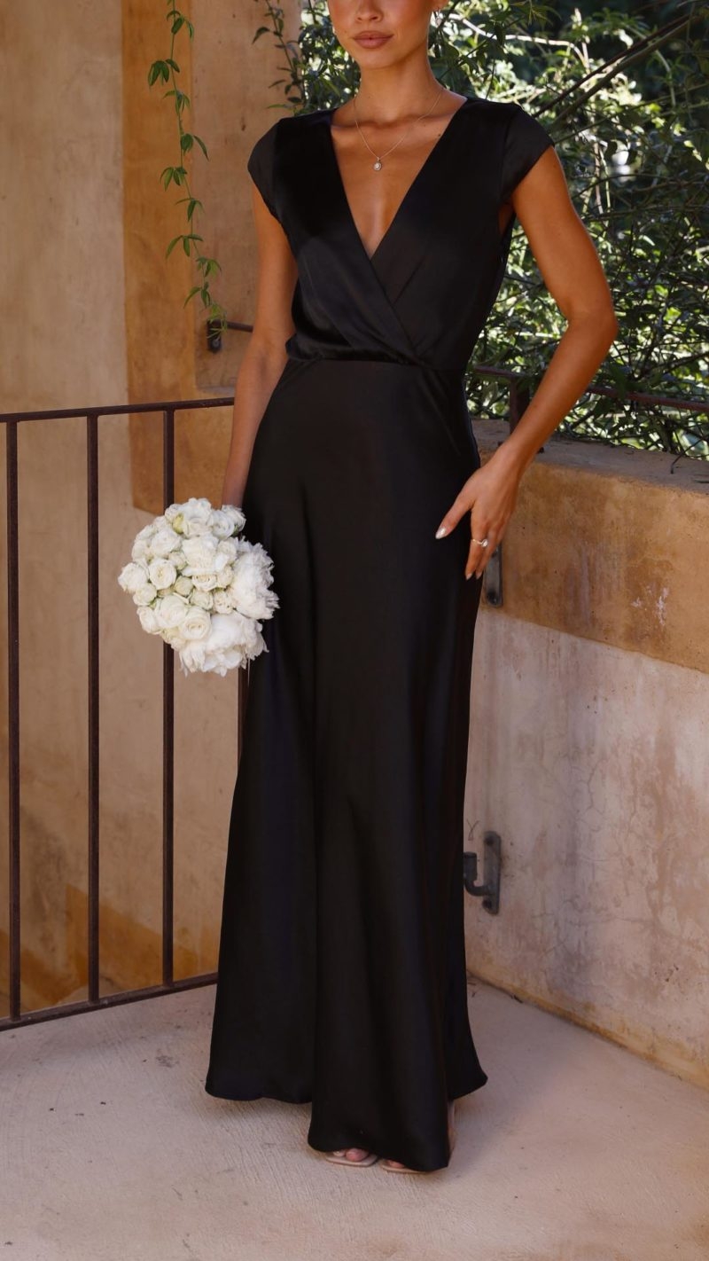 Toperth Serene V-Neckline Black Wrap-Style Maxi Dress – Toperth