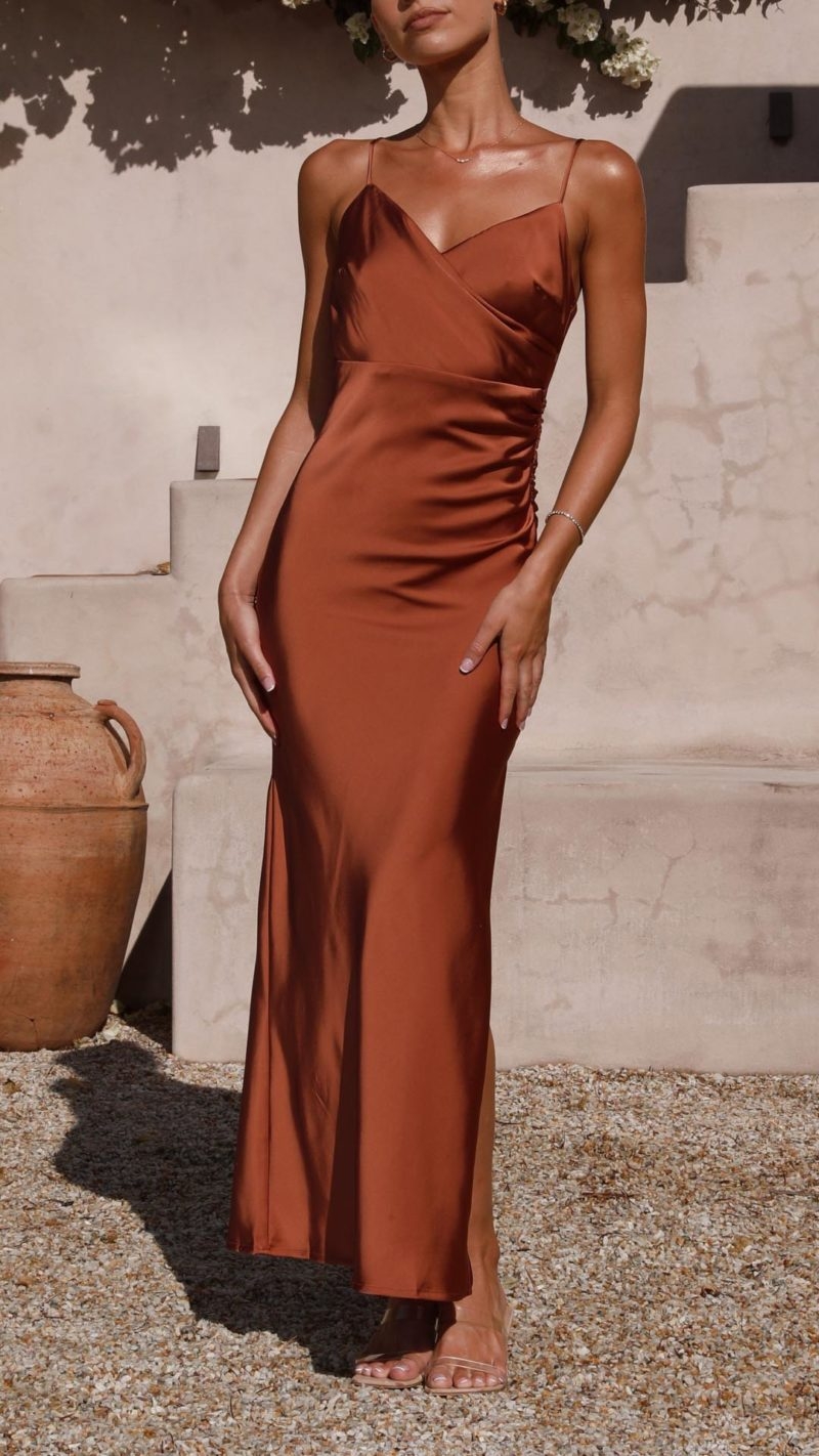Toperth Elegant Brown Crossover Bust Side Split Maxi Dress – Toperth