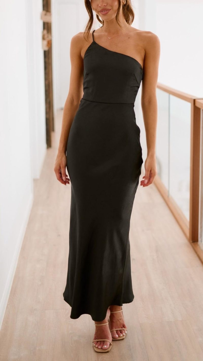 Toperth Elegant Asymmetrical Black Satin Maxi Dress – Toperth