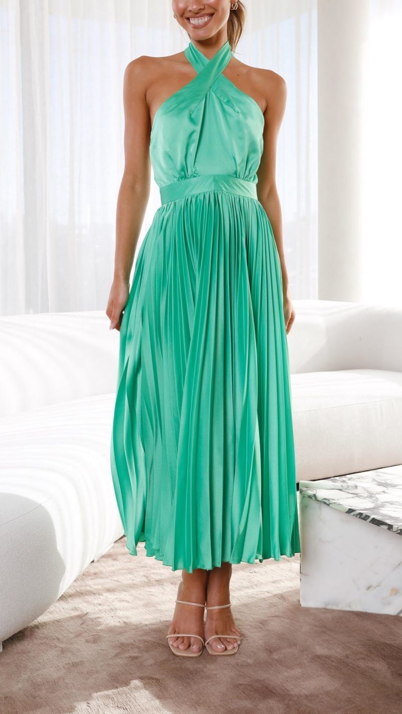 Toperth Elegant Halterneck Pleated Green Midi Dress – Toperth