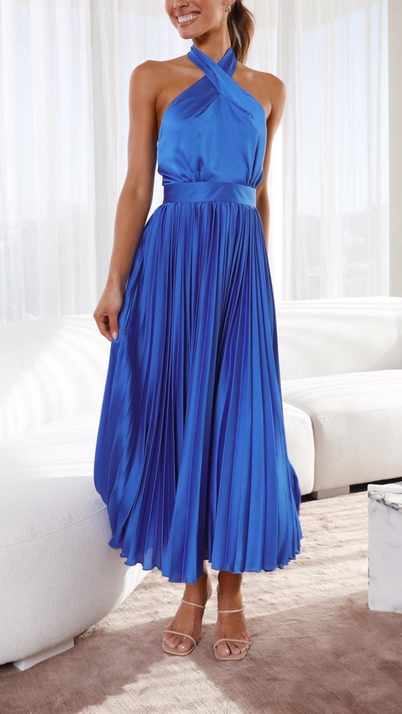 Toperth Elegant Halterneck Pleated Blue Midi Dress – Toperth