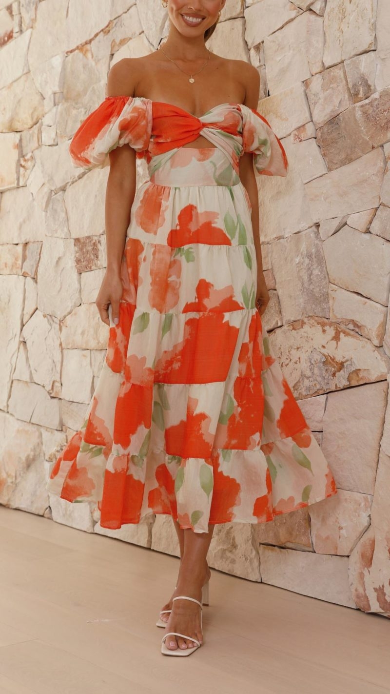 Toperth Orange Floral Elegance Puff-Sleeve Maxi Dress – Toperth