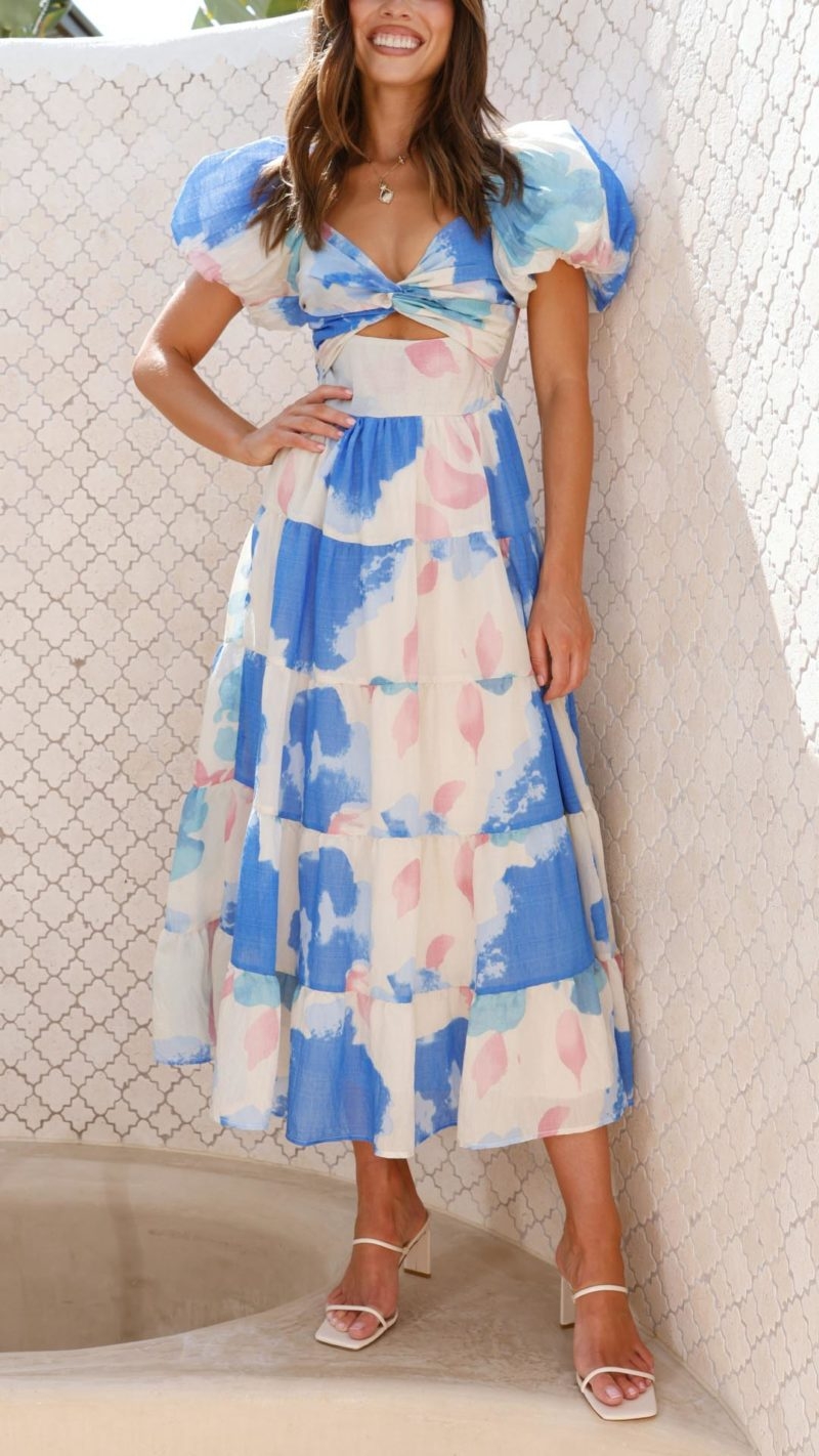 Toperth Blue Floral Elegance Puff-Sleeve Maxi Dress – Toperth