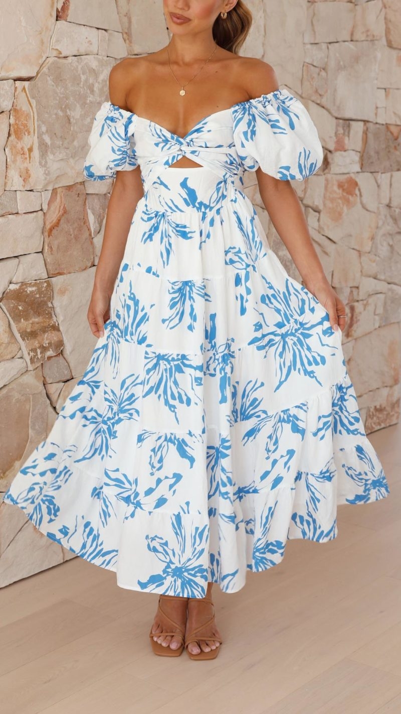 Toperth Blue Floral Elegance Puff-Sleeve Maxi Dress – Toperth