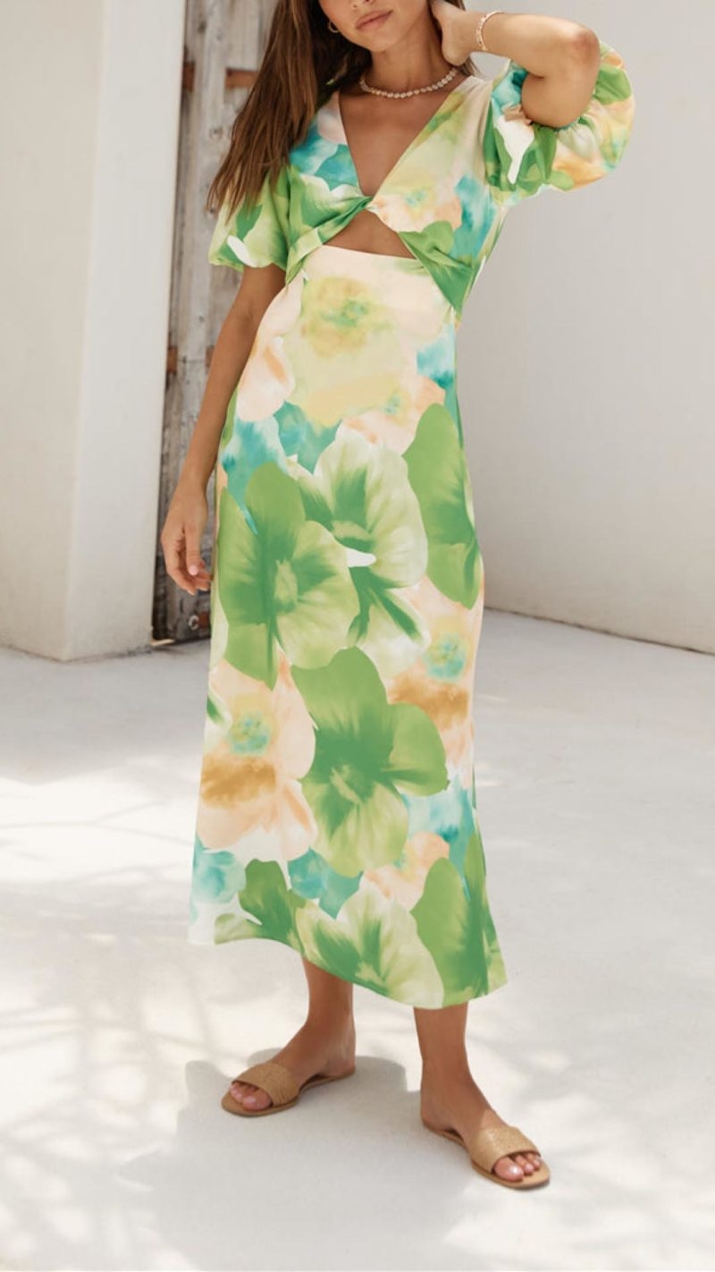 Toperth Green Floral V-Neck Twist Accent Midi Dress – Toperth
