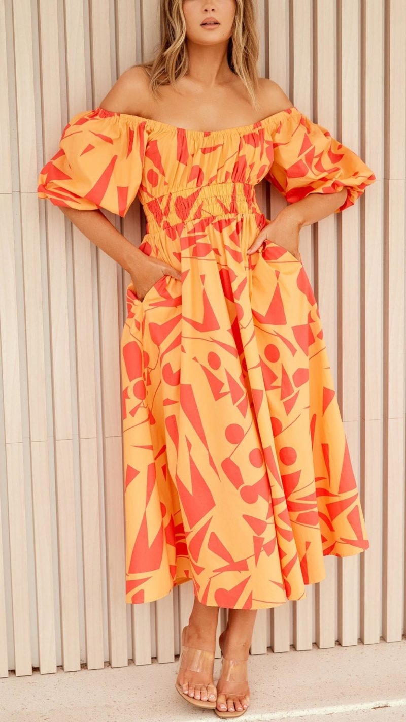 Toperth Orange Geometric Off-Shoulder Midi Dress – Toperth