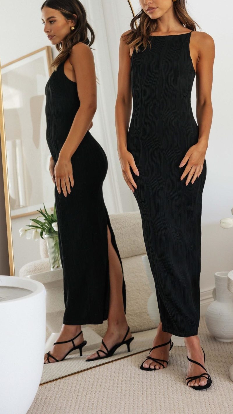 Toperth Elegant Square-Neck Black Maxi Dress – Toperth
