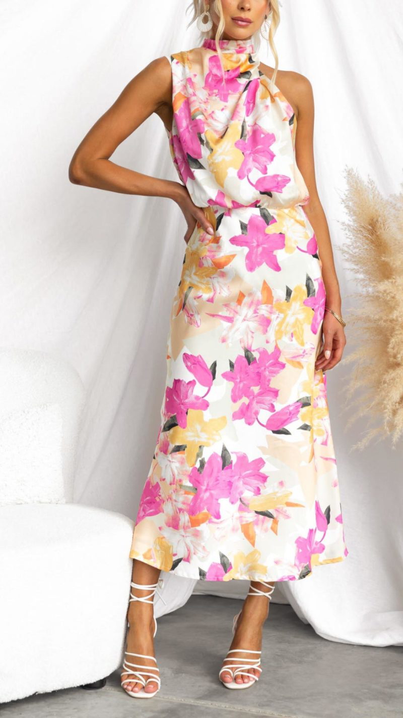 Toperth Floral Charm High-Neck Midi Dress – Toperth