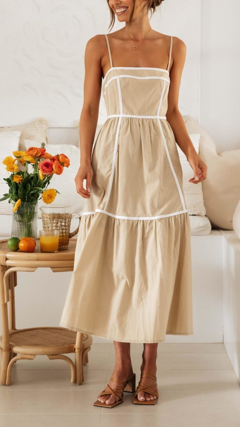 Toperth Chic Beige Contrast Midi Dress – Toperth