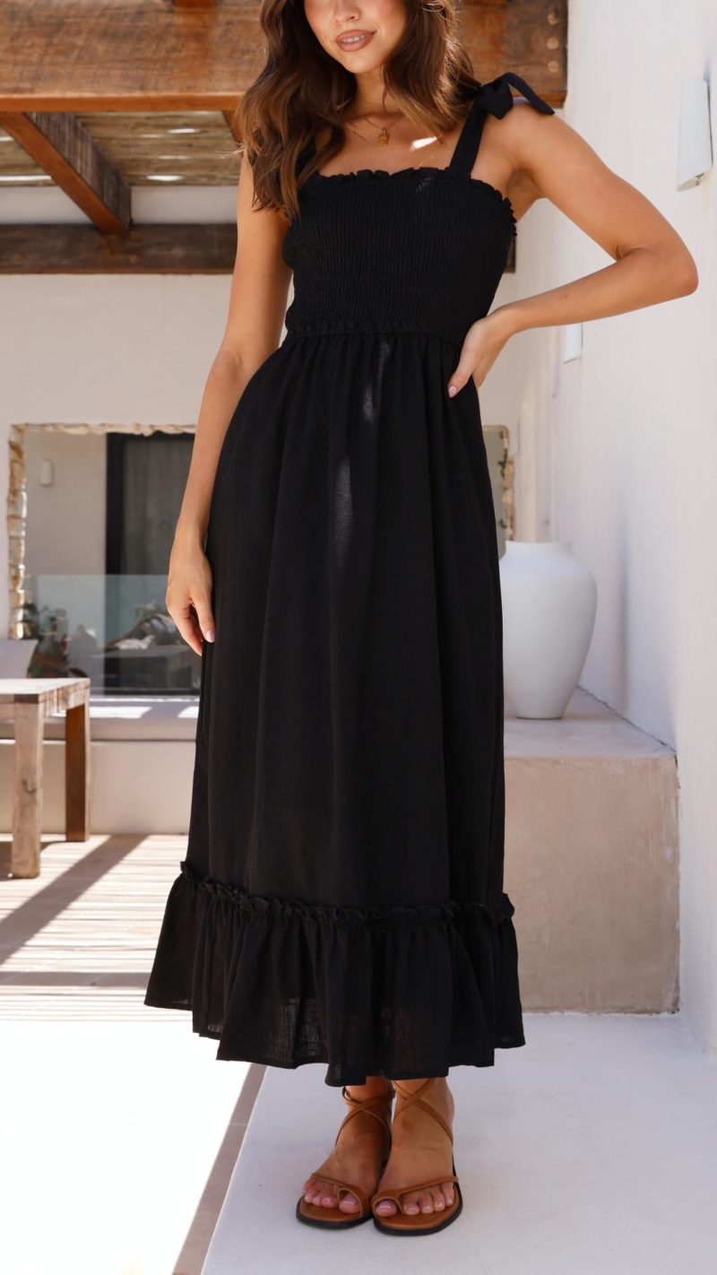 Toperth Black Ruffle-Hem Midi Dress – Toperth