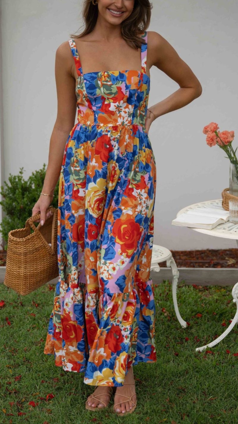 Toperth Vibrant Blossom Square-Neck Maxi Dress – Toperth