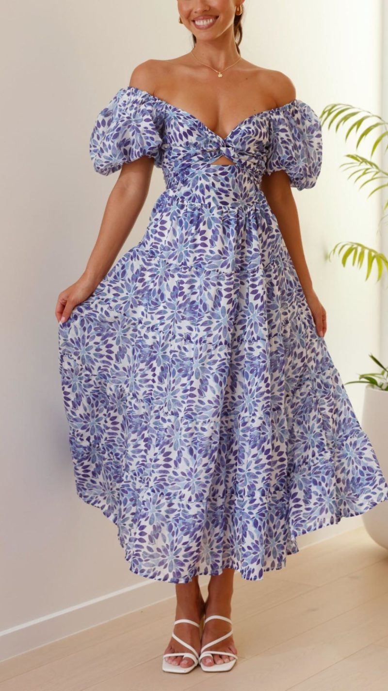 Toperth Blue Leafy Puff Sleeve Maxi Dress – Toperth