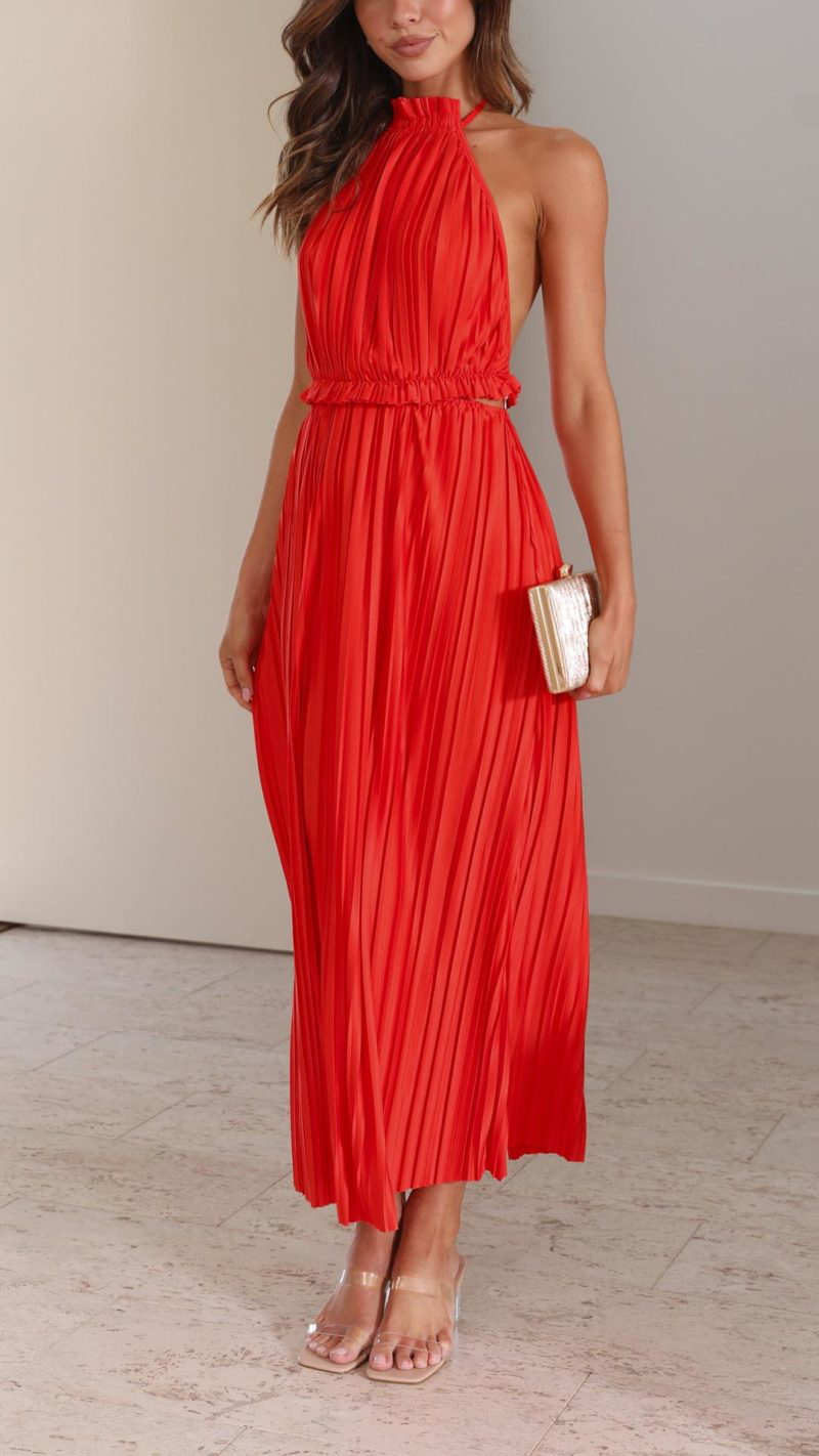 Toperth Red Pleated Maxi Dress – Toperth