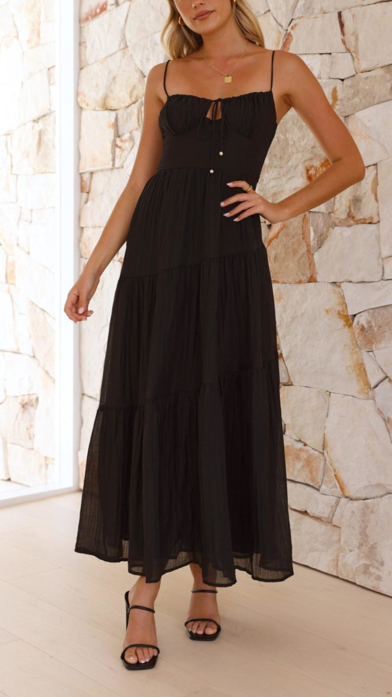 Toperth Black Shirred Maxi Dress – Toperth