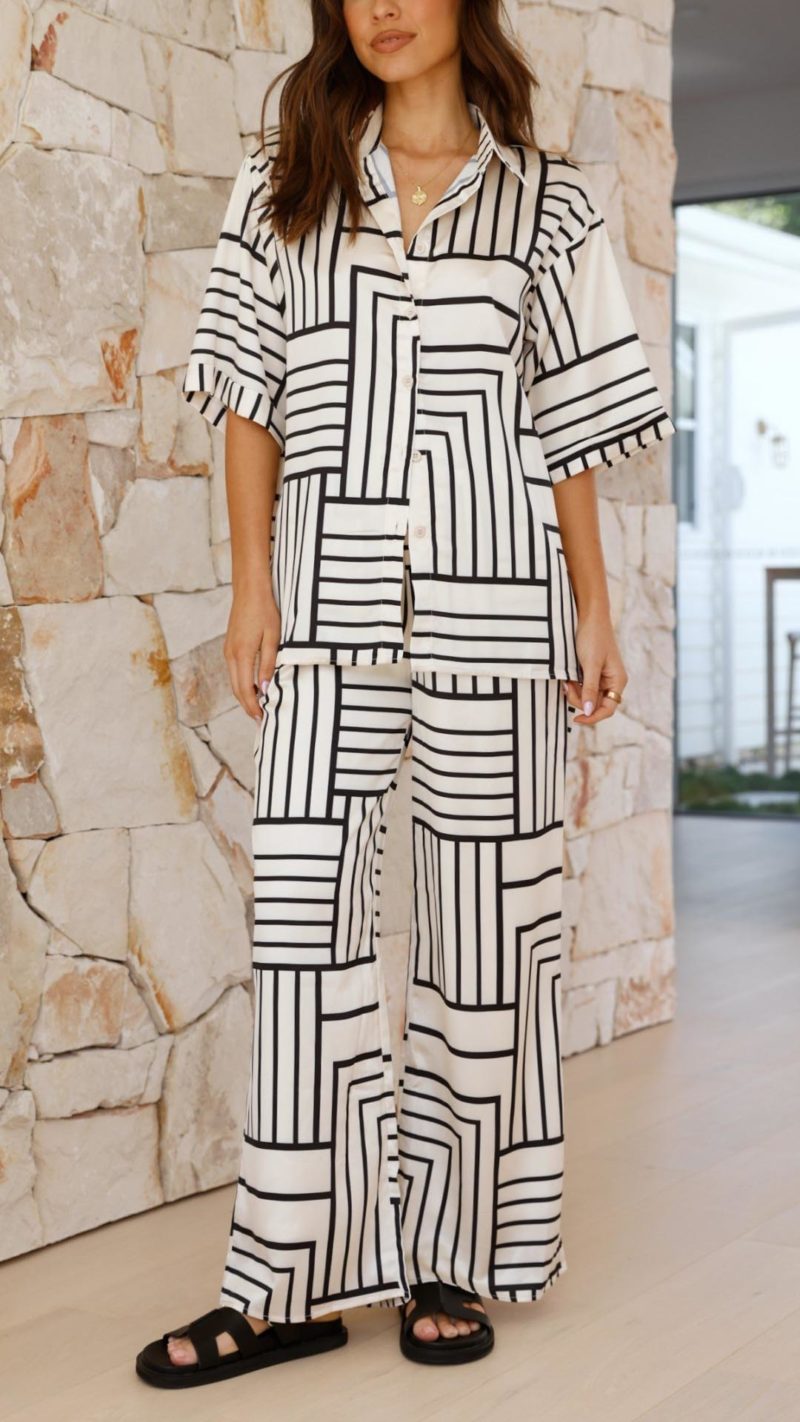 Toperth Black and White Geometric Pajama Two - Piece Set – Toperth