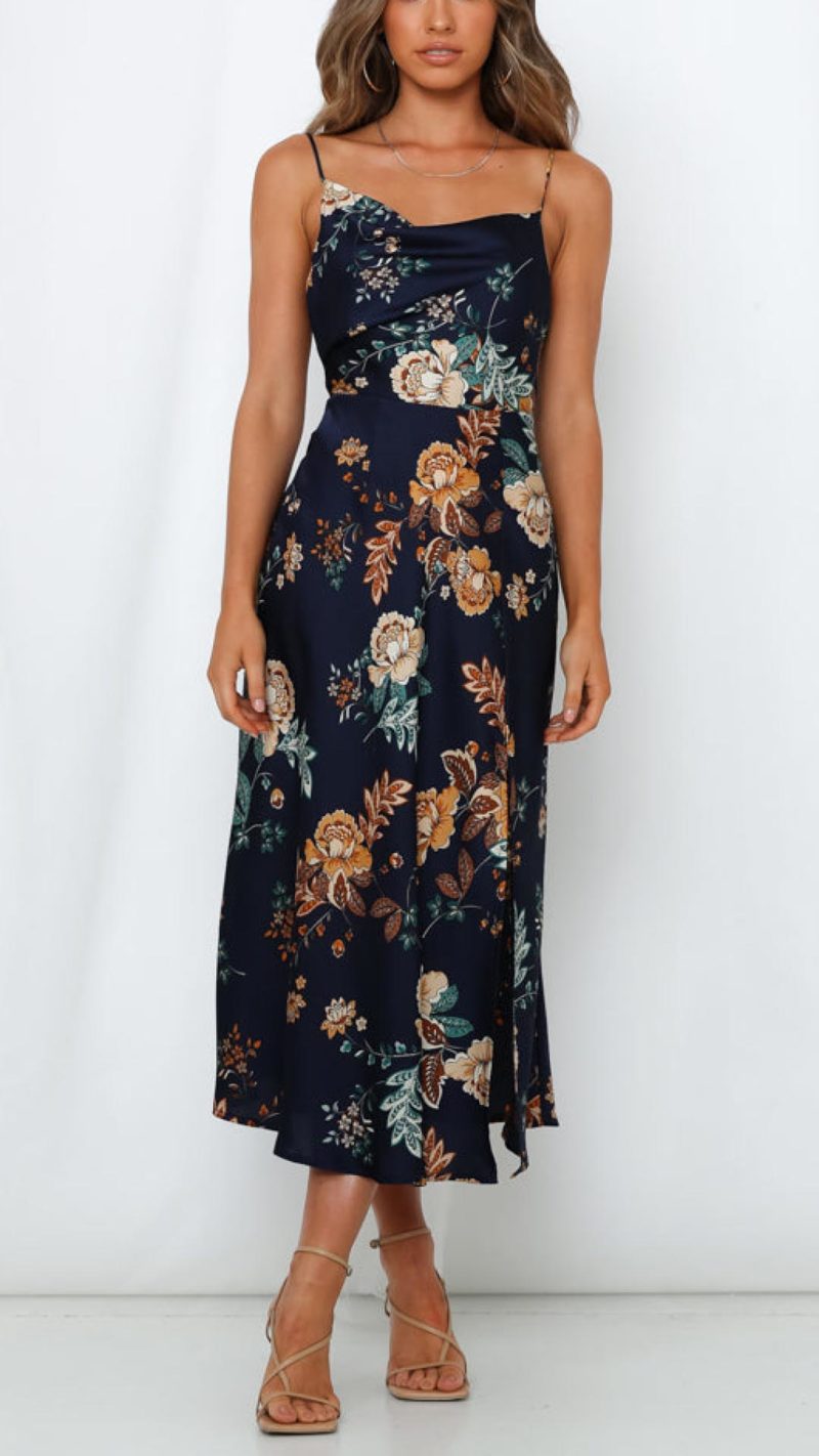 Toperth Navy Floral Satin Maxi Dress – Toperth