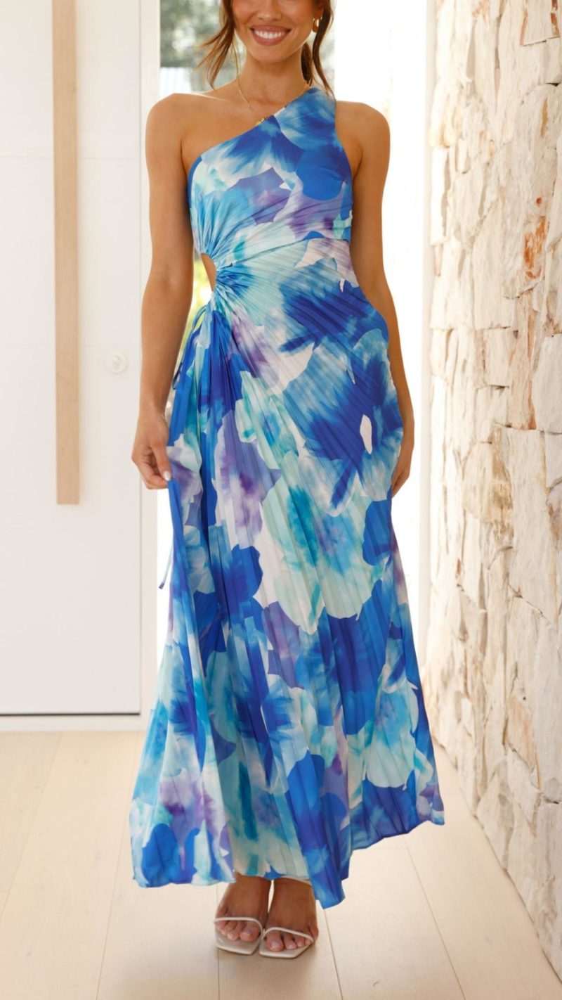 Toperth Blue Floral One Shoulder Maxi Dress – Toperth