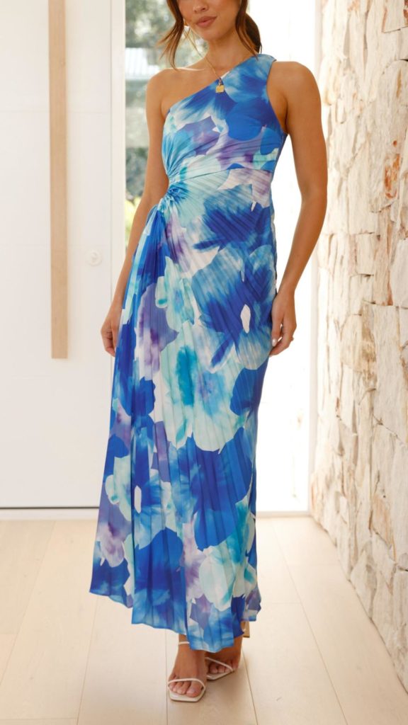 Picturesque Beauty Tulle Floral Pleated One Shoulder Sleeve Slit Maxi Dress main image 0