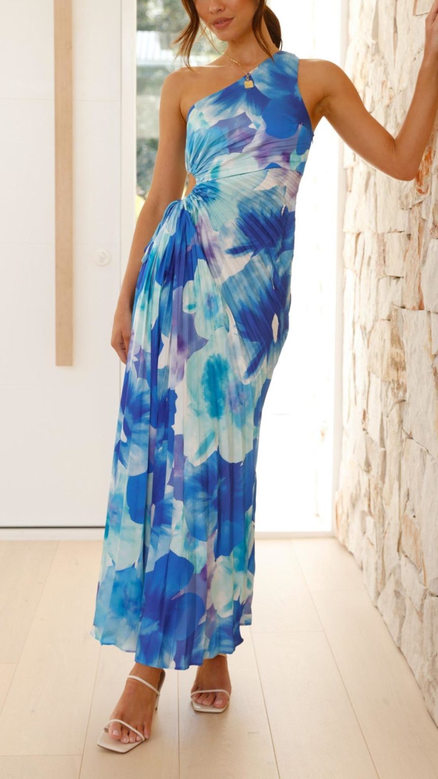 Picturesque Beauty Tulle Floral Pleated One Shoulder Sleeve Slit Maxi Dress main image 0