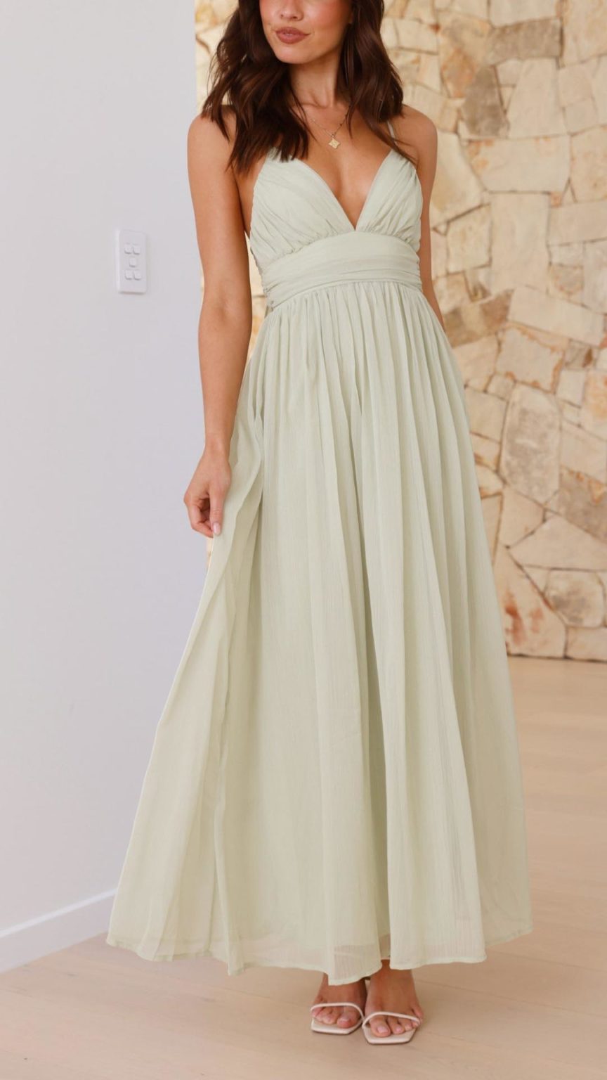 Lace Top Chiffon Skirt Maxi V-neck Dress Dusty Sage