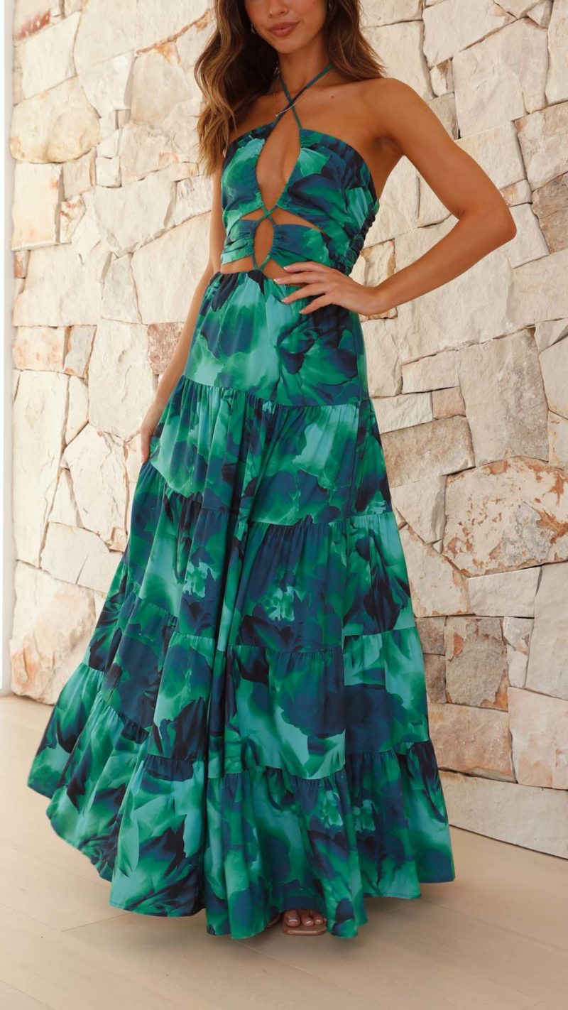 Toperth Green Cut Out Halter Maxi Dress – Toperth