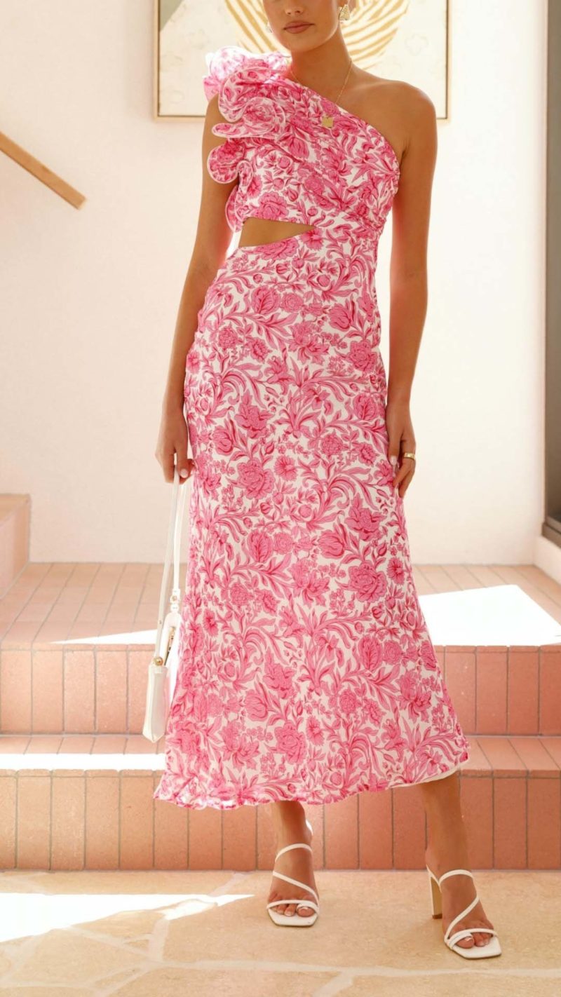 Toperth Pink Floral One-Shoulder Cutout Maxi Dress – Toperth