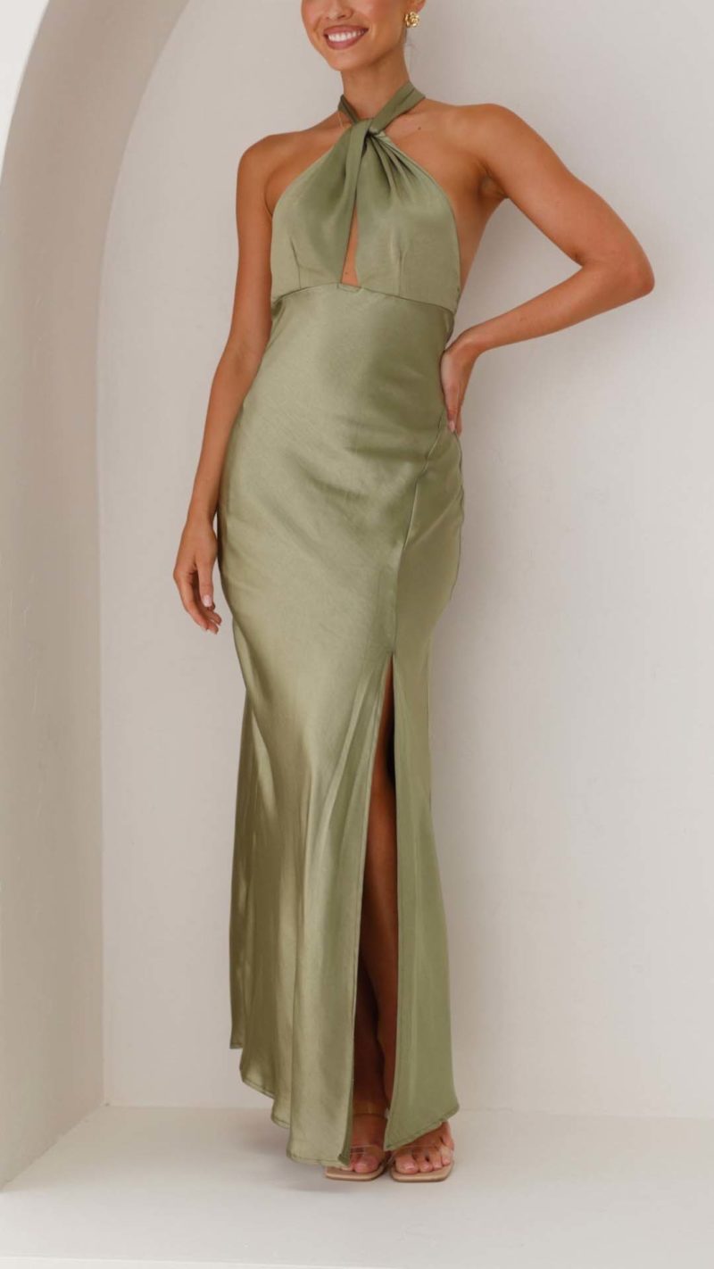 Toperth Olive Satin Halter Maxi Dress – Toperth