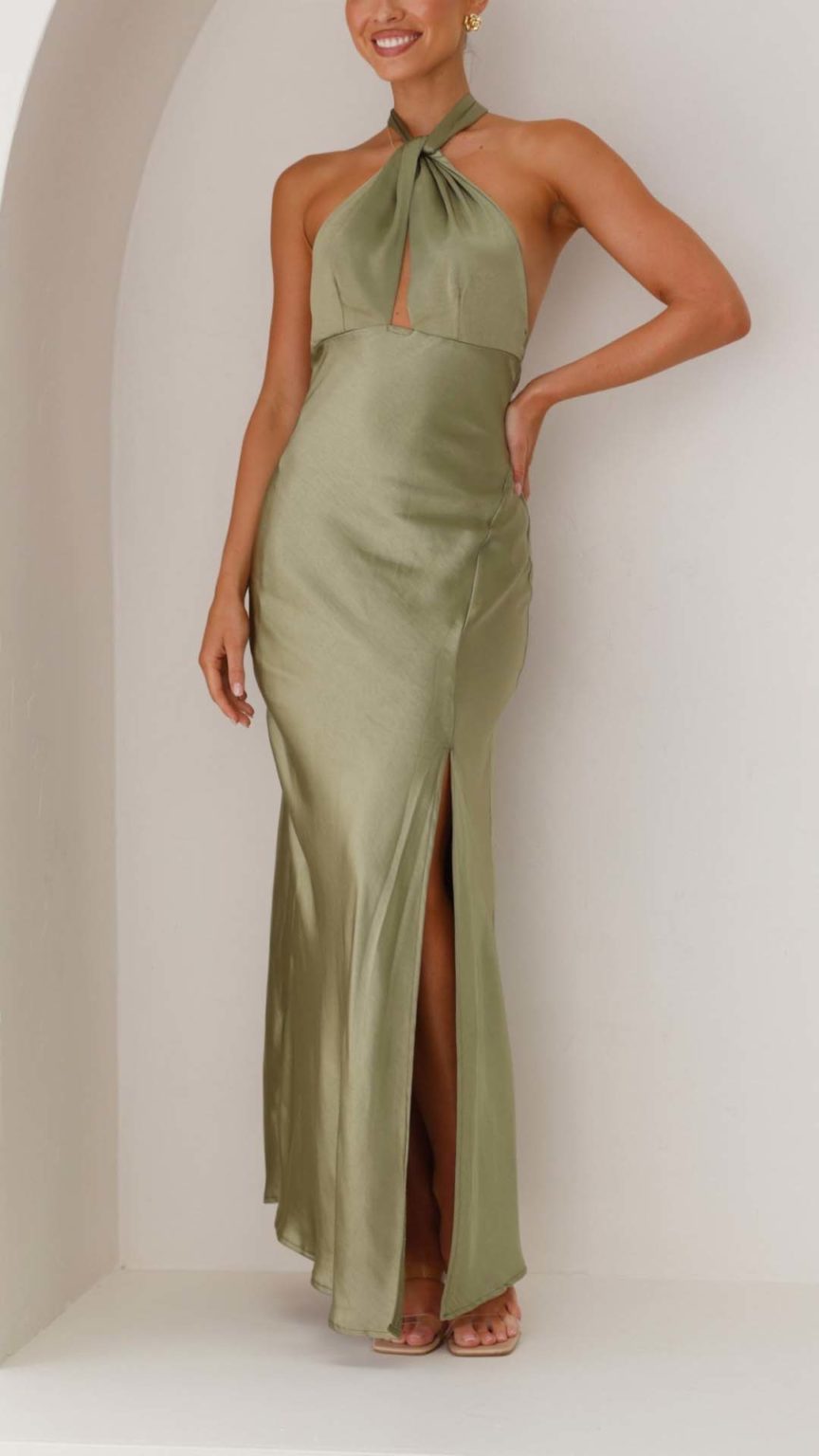 Goldfoil Halter Neck Maxi Dress Olive