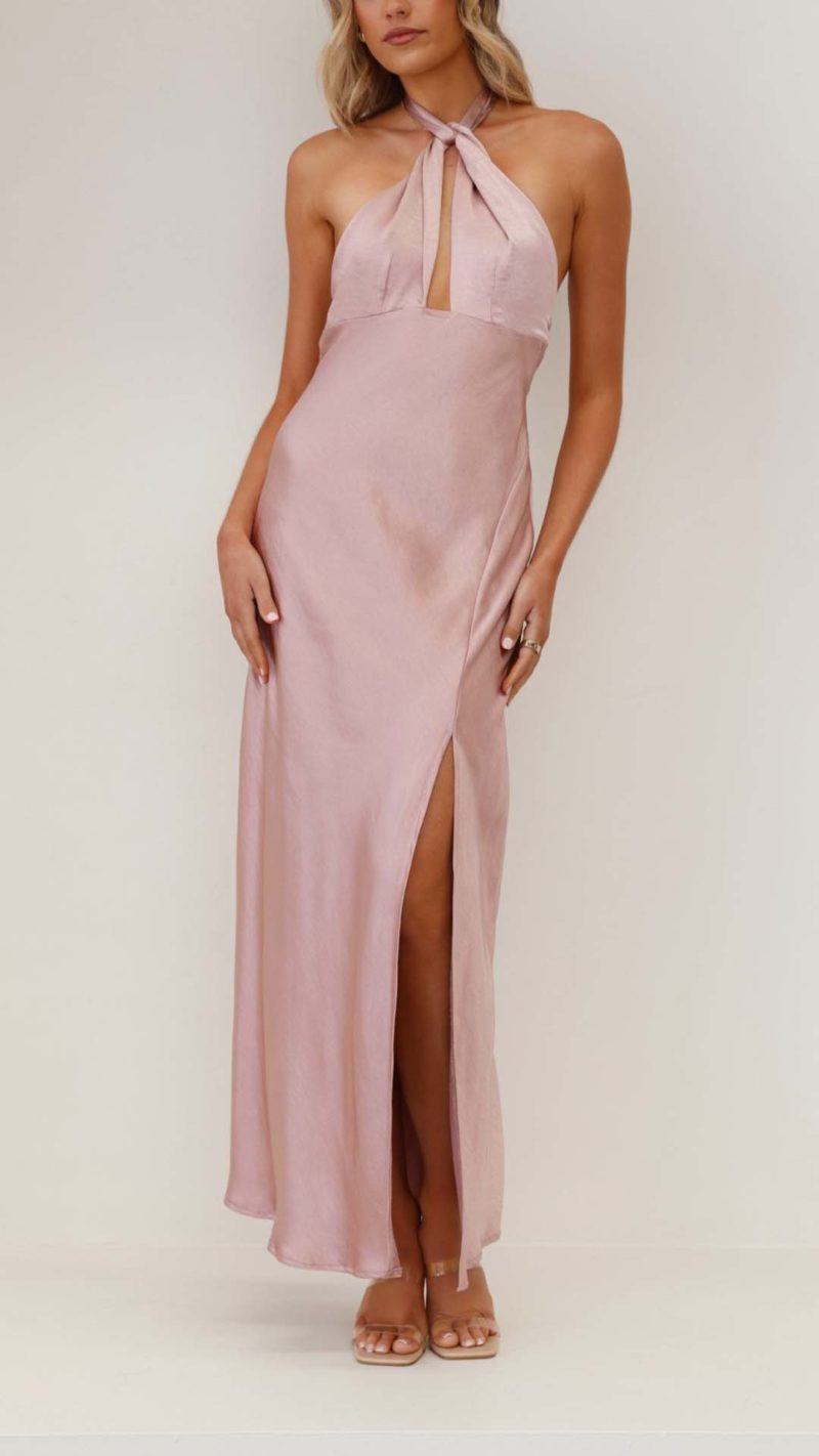 Toperth Pink Satin Halter Maxi Dress – Toperth