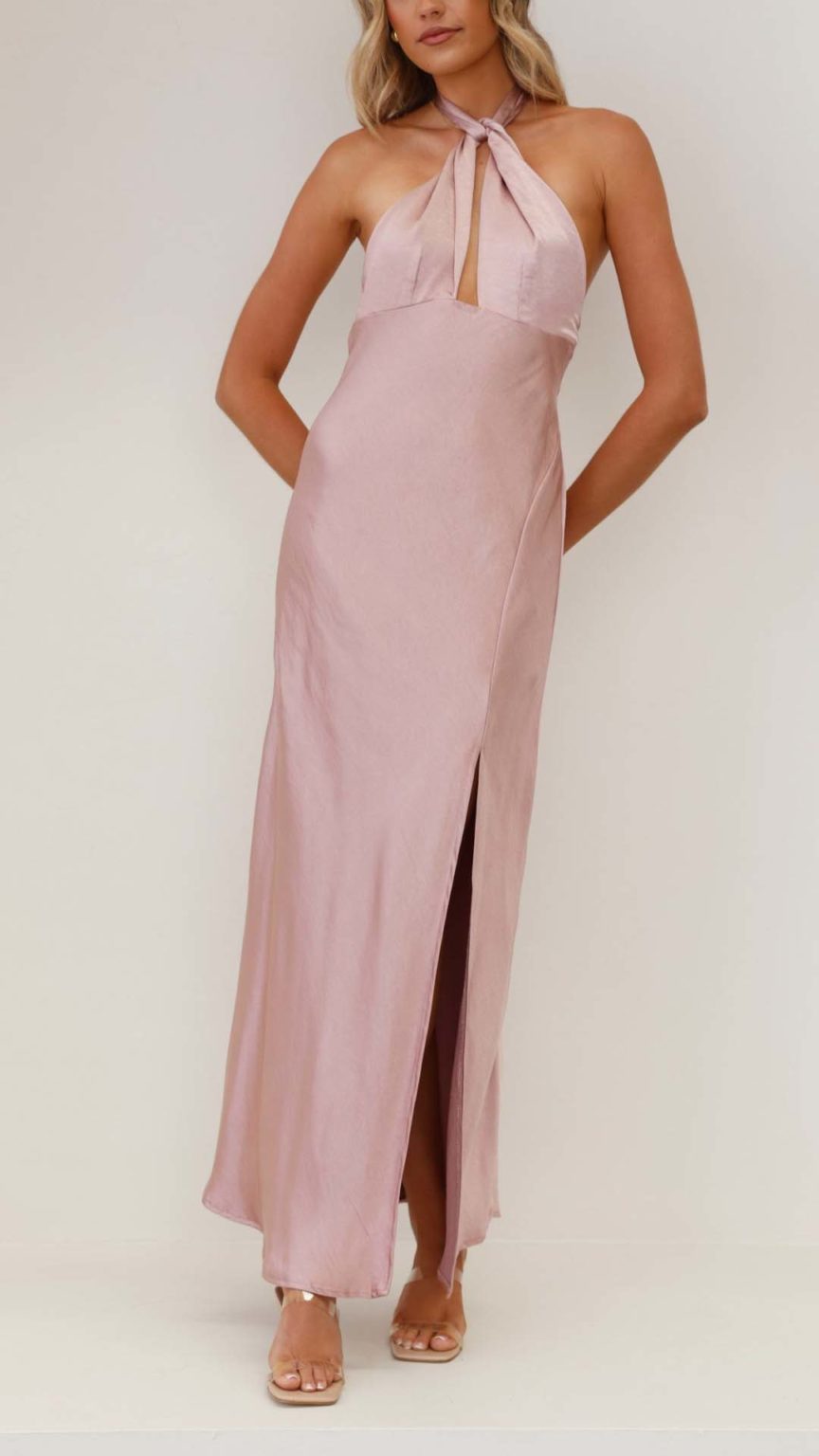 Petal Lane Mesh Satin Halter Maxi Dress Pink main image 0