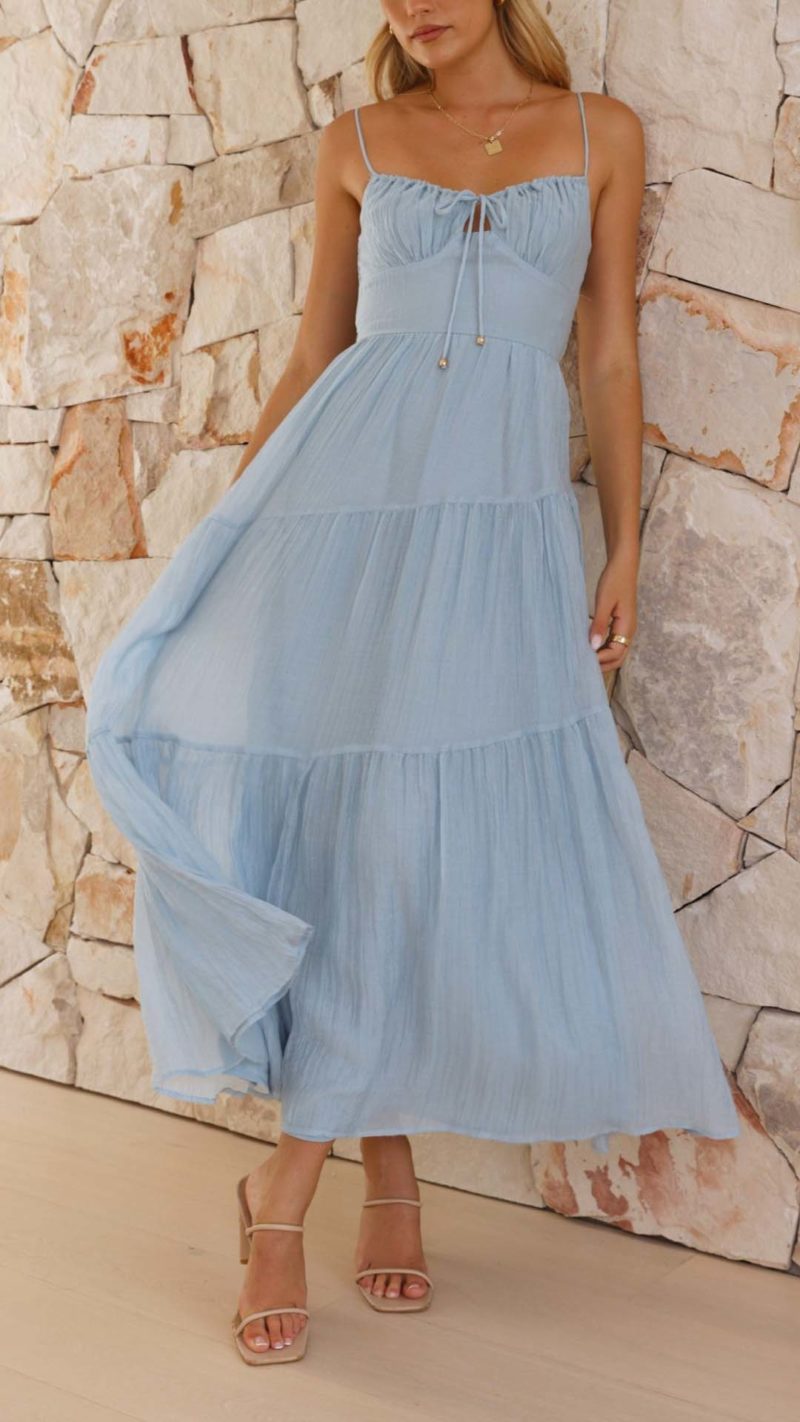 Toperth Elegant Blue Tiered Shirred Maxi Dress – Toperth