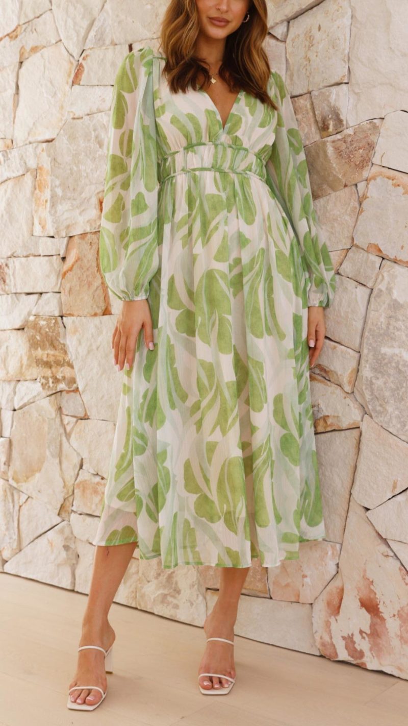 Toperth Green Leaf Print Midi Dress – Toperth