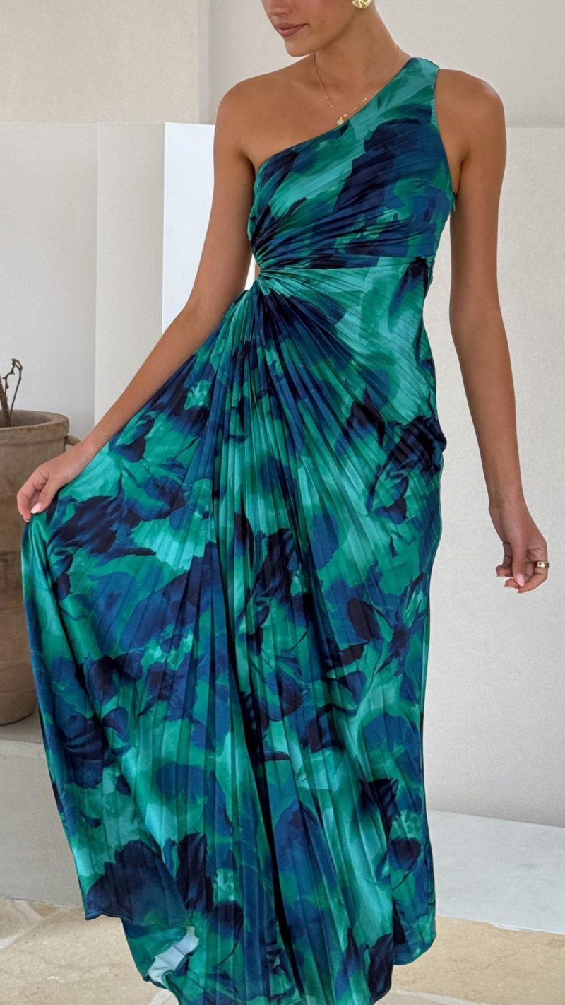 Toperth Green Floral One Shoulder Maxi Dress – Toperth