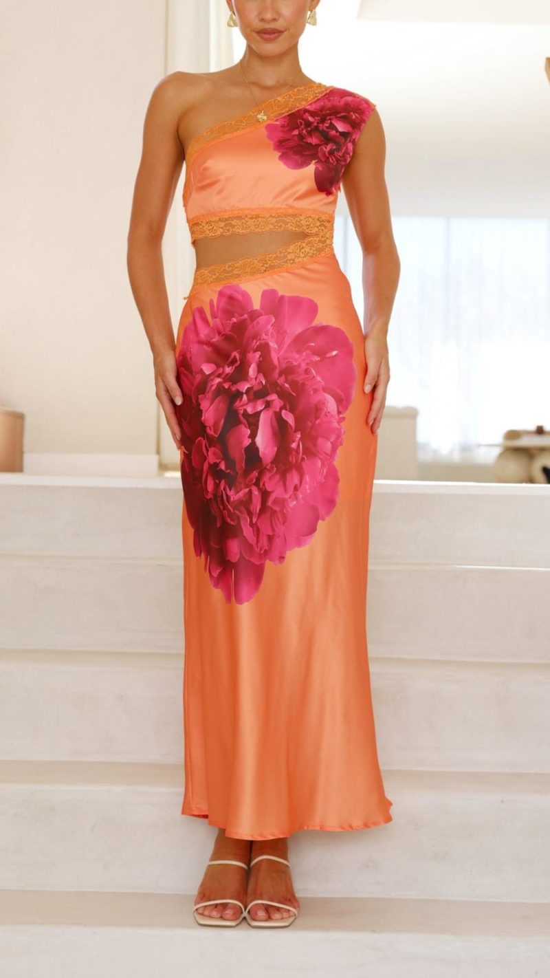 Toperth Orange Floral One-Shoulder Maxi Dress – Toperth