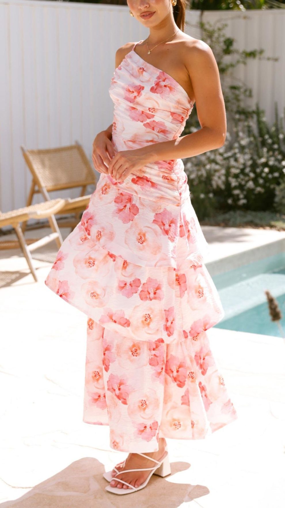 Equator Tied Shoulder Shirred Maxi Dress Floral Pink
