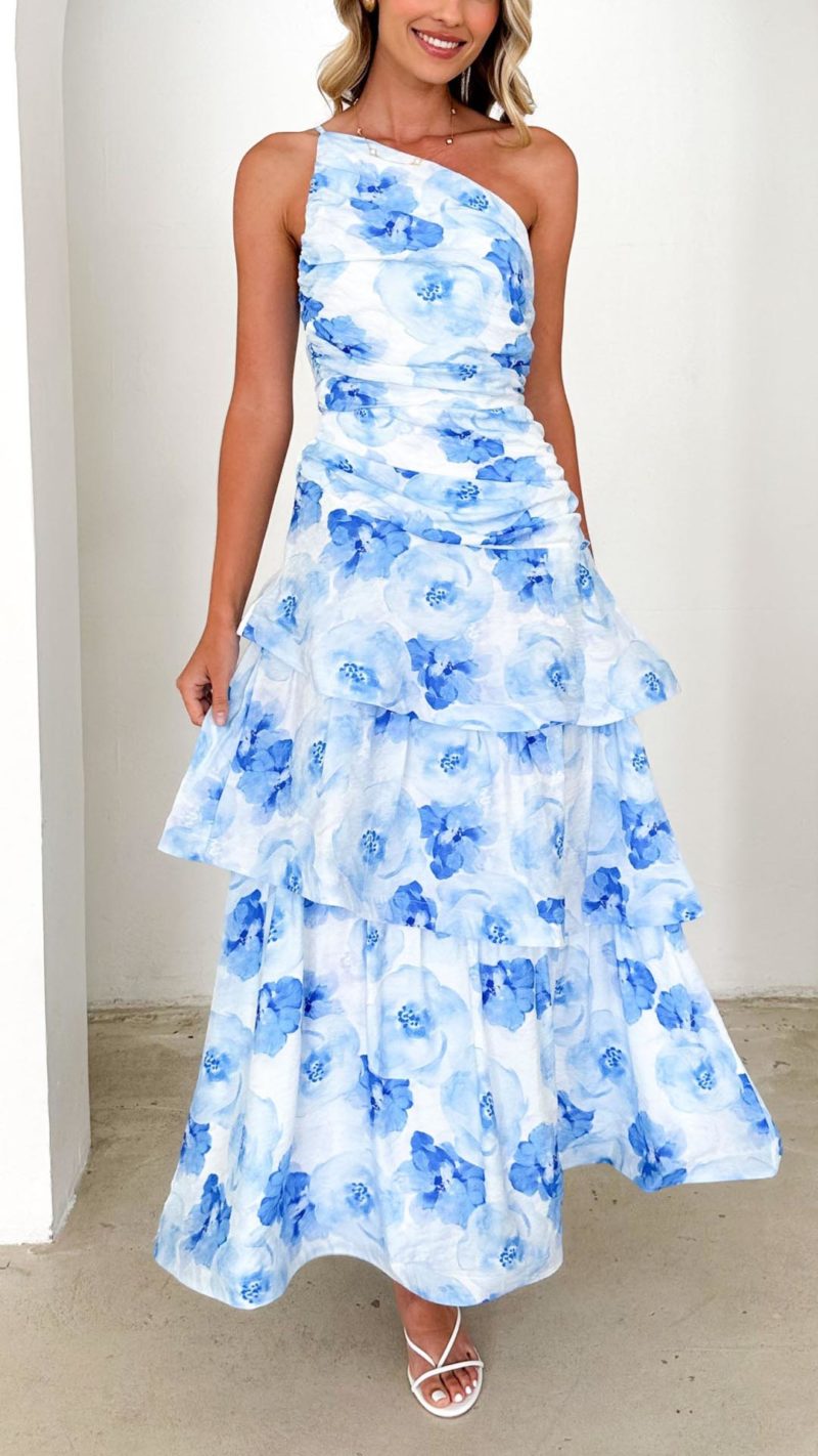 Toperth Blue Floral Tiered One-Shoulder Maxi Dress – Toperth