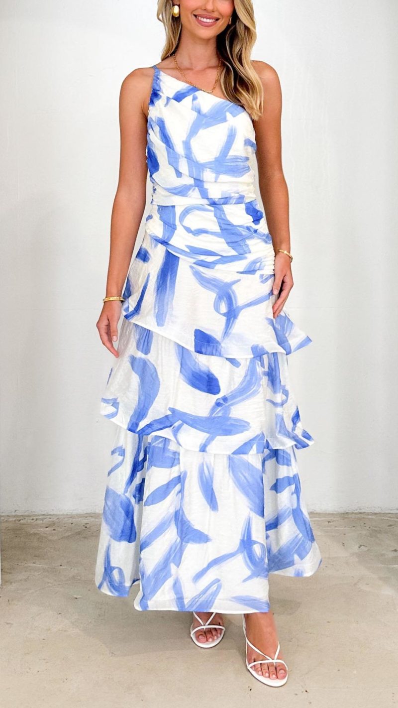 Toperth Vibrant Blue Brushstroke One-Shoulder Maxi Dress – Toperth