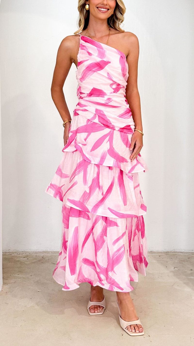 Toperth Vibrant Pink Brushstroke One-Shoulder Maxi Dress – Toperth