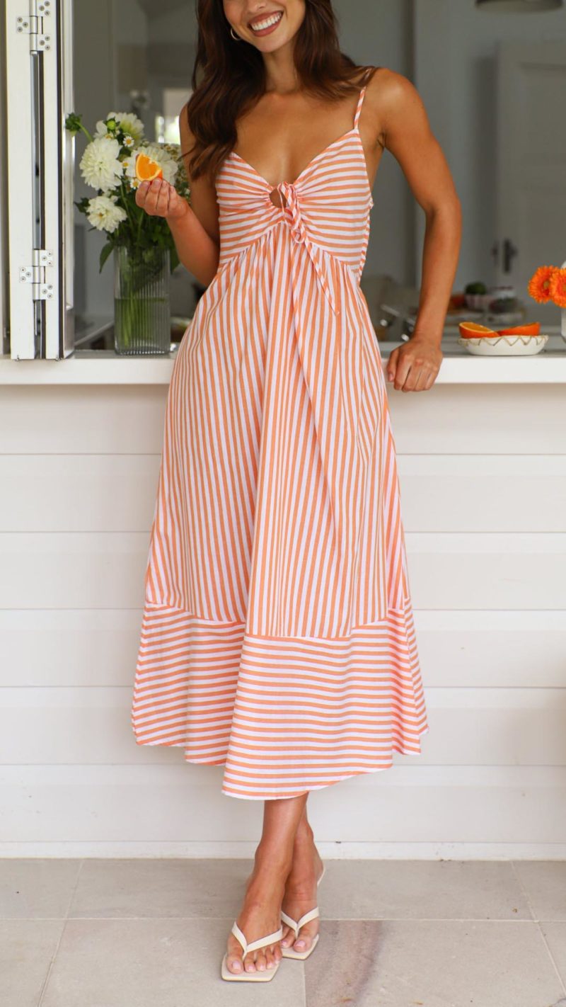 Toperth Orange Striped Tie-Front Midi Dress – Toperth