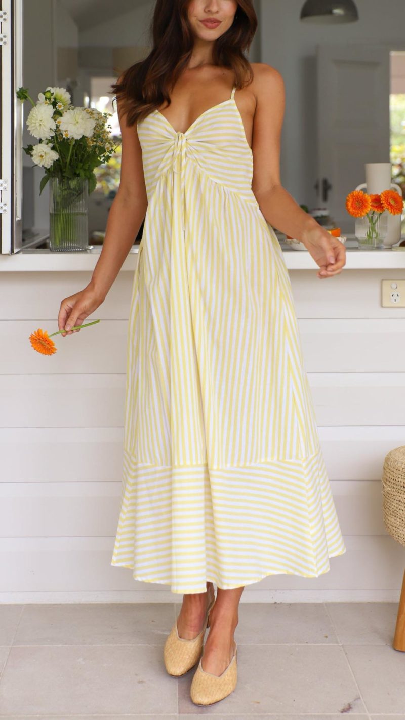 Toperth Yellow Striped Tie-Front Midi Dress – Toperth