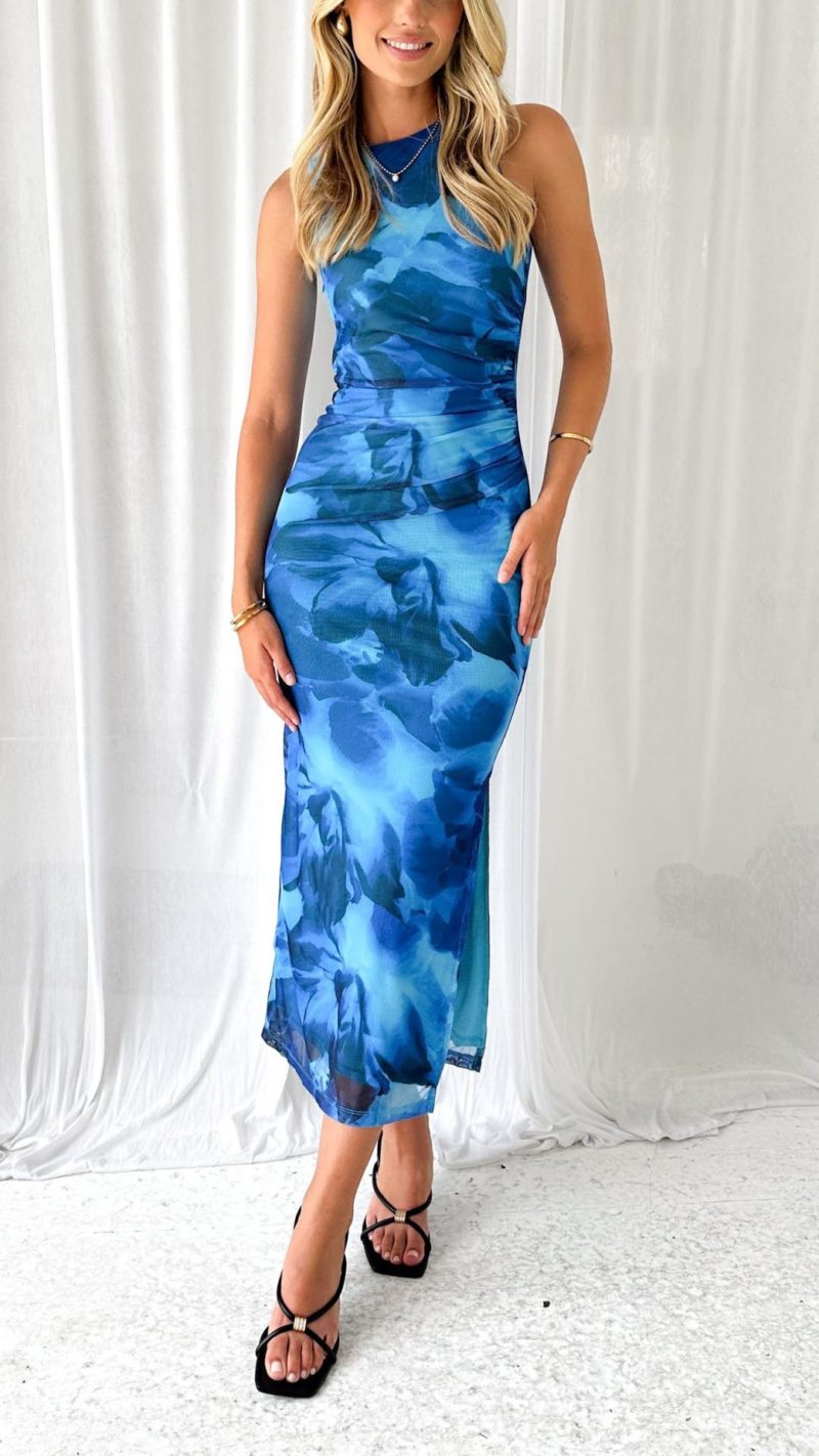 Toperth Blue Floral Print Fitted Maxi Dress – Toperth