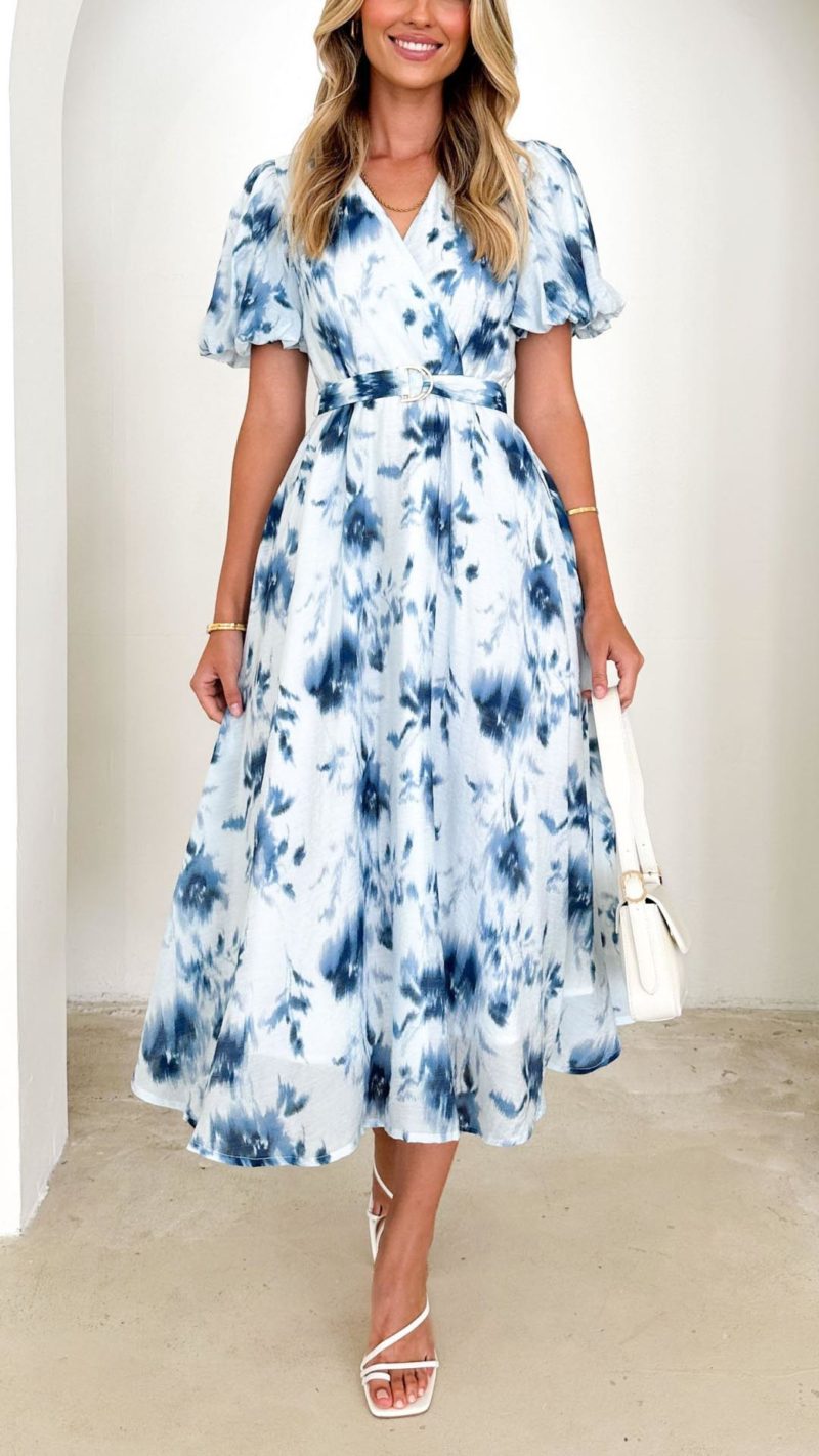 Toperth Blue Tie-Dye Belted Midi Dress – Toperth