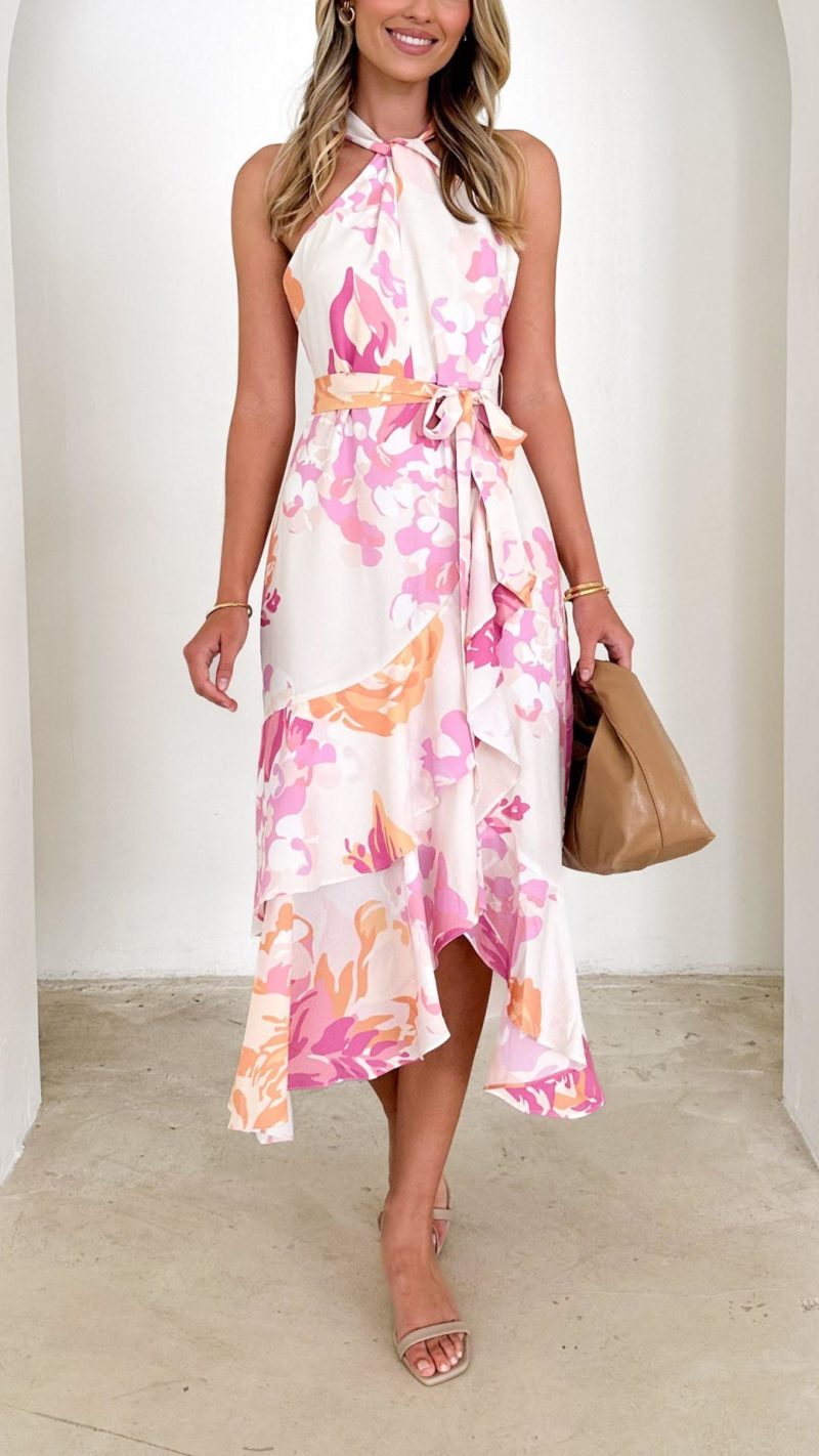 Toperth Pink Abstract Floral Halter Midi Dress – Toperth