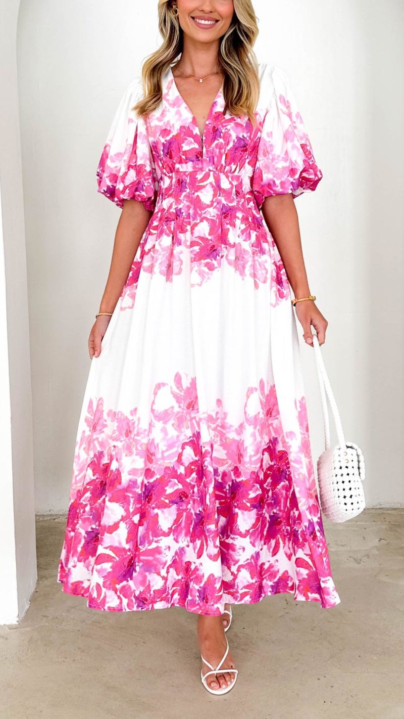 Toperth Pink Ombre Floral Puff Sleeve Maxi Dress – Toperth