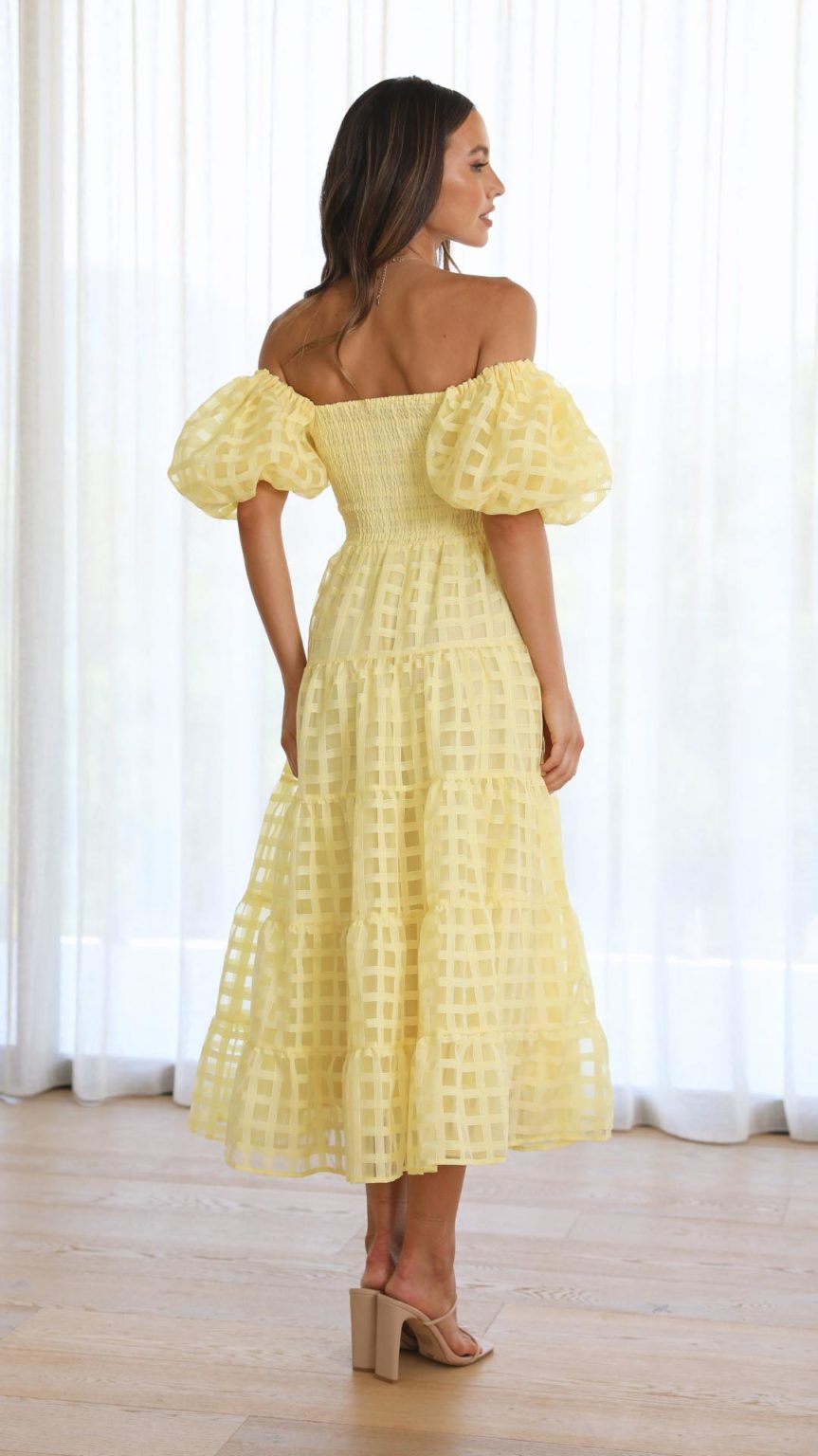 Off-Shoulder Ruffle Sleeves Maxi Dress - Yellow