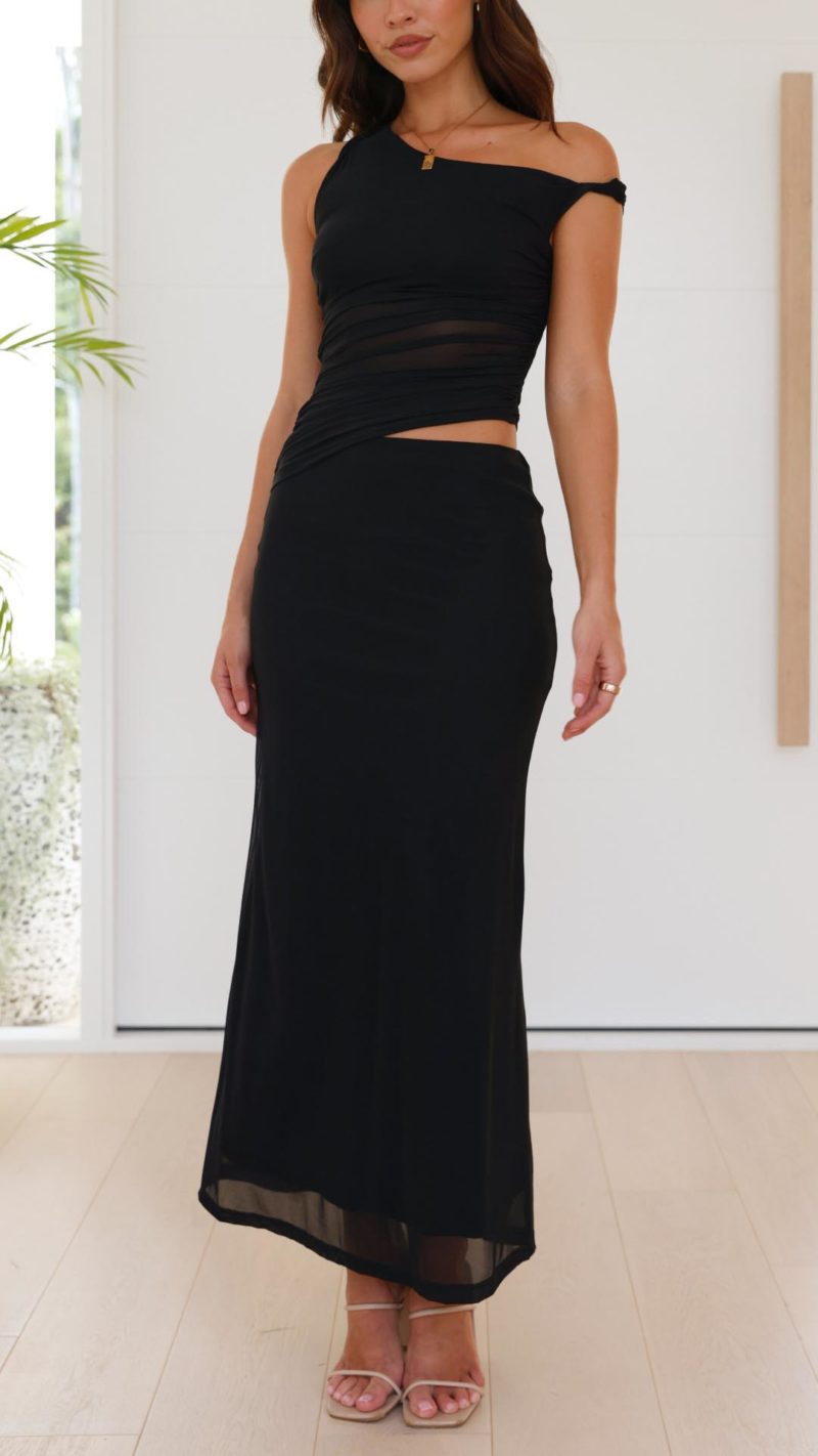 Toperth Black Twisted Strap Cut-Out Ruched Mesh Maxi Dress – Toperth