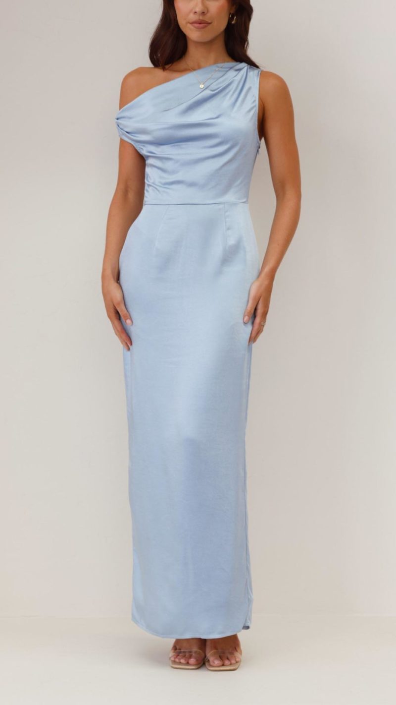 Toperth Sophisticated Draped Blue Satin Maxi Dress – Toperth