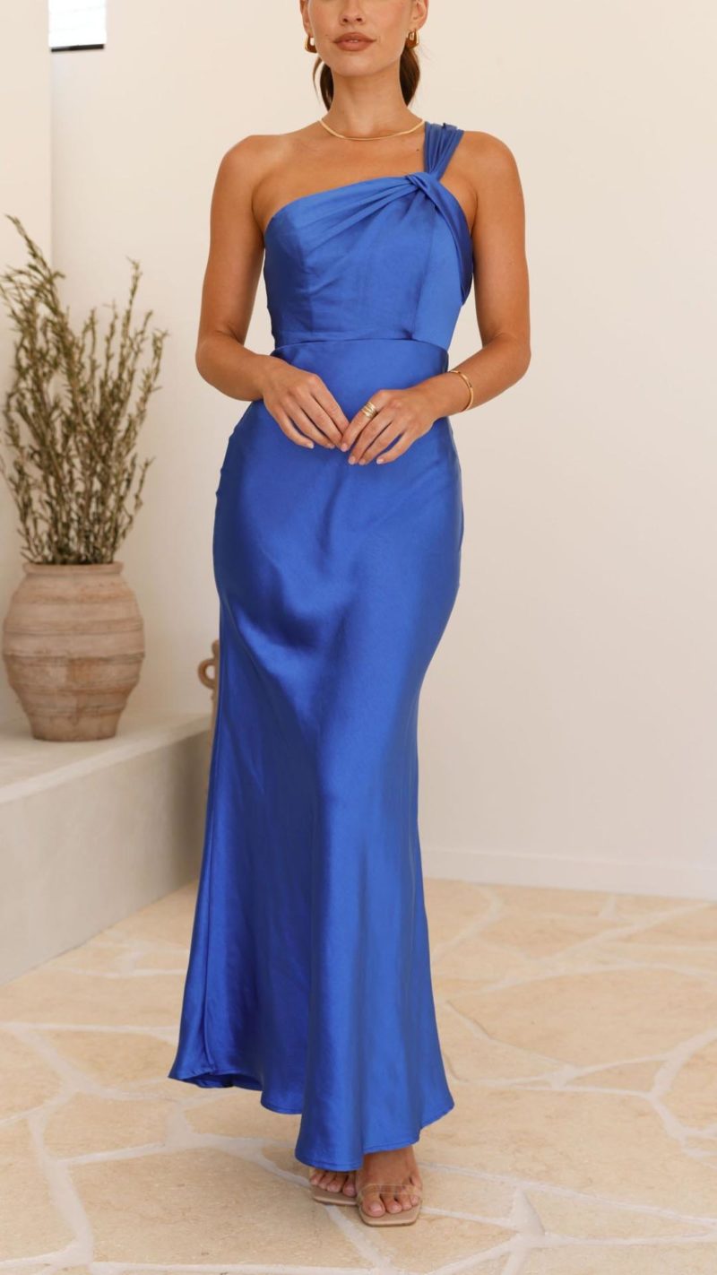 Bertala One Shoulder Satin Ruched Maxi Dress - Blue