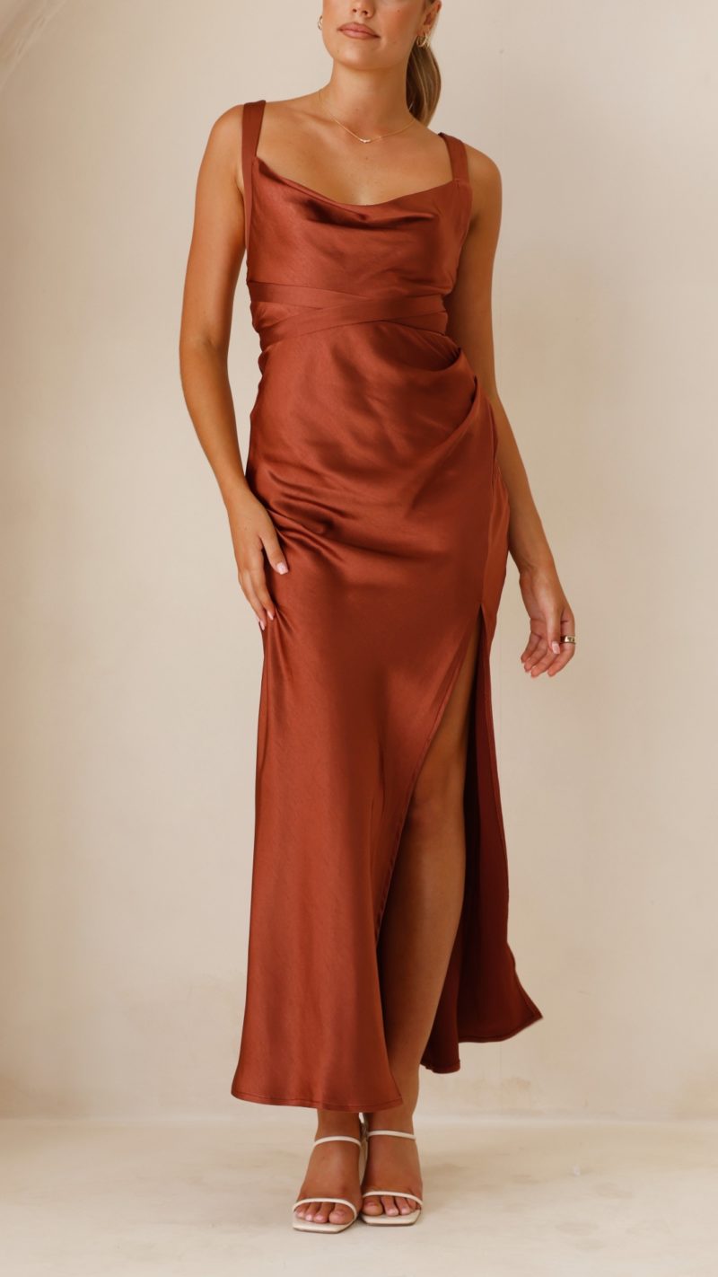 Toperth Brown Side Split Tie-Back Maxi Dress – Toperth