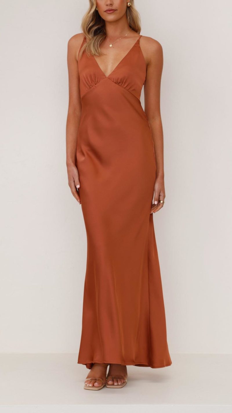 Toperth Luxe Brown Satin Formal Maxi Dress – Toperth